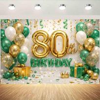 Green Gold 80th Birthday Photography Backdrop Number Balloons Gift Box Crown 80 Years Old Birthday Party Photo Banner 59x51.1inch/150*130cm beige
