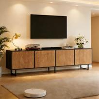 180 x 40 x 50 cm TV Cabinet, Lowboard with 4 Cabinet Doors, Vacuum-Formed Housing Design, Suitable for 80-Inch TVs, Natural Wood Color + Black 180 x 40 x 50 cm