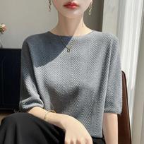 Women Pink Herringbone Knit Round Neck Half Sleeve Sweater M pilka spalva