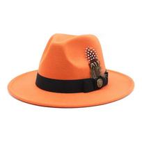 Klasikinė britiška vilnos veltinio ponų skrybėlė su plunksnos puošyba vasaros mados tendencijoms Style 19,M orange