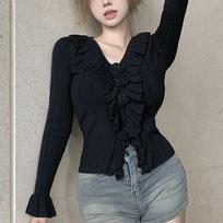 French V-Neck Fungus Edge Slim-Fit Knitted Bottoming Shirt Niche Chic Long-Sleeved Inner Top Spring And Autumn One size fits all juoda