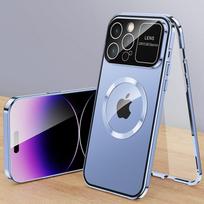 Prabangus aliuminio metalinis magnetinis Magsafe dėklas iPhone 16 15 14 13 12 Pro Max Plus su dideliu stikliniu objektyvo apsaugos dangteliu, skirtu belaidžiam įkrovimui For iPhone 13 mėlyna