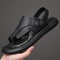 Men’s Casual Leather Flip-Flops: Breathable, Odor-Resistant, Outdoor Thong Sandals 40 juoda