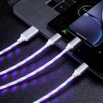 1,2M 3 viename USB įkroviklio laidas mobiliajam telefonui Mikro USB C tipo įkrovimo laidas, skirtas iPhone įkrovimui Švytintis LED šviečiantis tekantis duomenų laidas 1.2m įvairiaspalvis