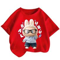 2025 Popular Labubu Cartoon Girl Short Sleeved T-shirt, Soft and Casual Children's Round Neck Short Sleeved Shirt 100 red