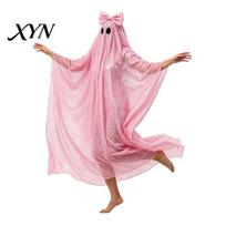 Halloween Ghost Costume Sequin Poncho Cape for Women, Cute Cloak with Holiday Cosplay Bows, Lightweight Mesh Pullover Robe Party Photoshoot rožinė