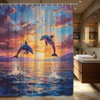 1Pc Majestic Dolphins Shower Curtain - Leaping Dolphins, Serene Sunset & Mountains, Polyester, Bathroom Decor W60H190(CM)-1 Pcs gray