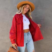 Long Sleeve Denim Jacket Women Washed Raw Edge Mid-Length Loose Jacket M tamsiai raudona spalva
