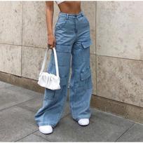 Women Jeans Wide Leg Pants Cargo Denim Ankle Length Mid Waist Washing Zipper Loose Slight Elastic High Street Solid Color Multi Pockets Jean 2XL gray
