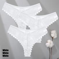3 vnt./kompl. Seksualūs nėriniuoti stringai moterims vienspalviai G-string kelnaitės gėlių perspektyvos apatinis trikotažas moteriškas minkštas kvėpuojantis apatinis trikotažas S&3pcs white