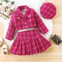 Children's Clothing Cross-border Foreign Trade Girls Plaid Lady Sweet Little Fragrance Thickened Suit Skirt + Hat 4Y raudona