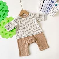 Gray Plaid Japanese-Style Newborn Baby Warm Air Layer One-Piece Romper Newborn Baby Jumpsuit 50-60 Cotton Section-3 60cm beige