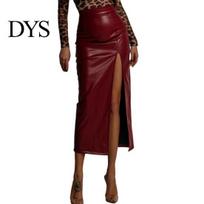 Hip Skirt Midi High Waist Artificial Leather with Slit Design Pure Versatile Color Slimming Fit Office Lady Work Leisure Daily Wear Women Waisted S black