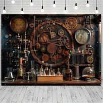 1 piece of vintage steampunk background fabric with brewery, gear, and clock design, suitable for birthday, holiday, and parties 59×39inch/150*100cm brown