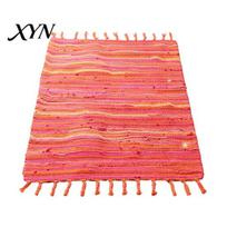 Waterproof Bathroom Floor Mat Reversible Cotton Rag Rug, Boho Hand Woven Multi Color Striped Bath Minimalist Nordic Style Rug with Tassels, 120 cm