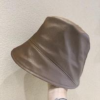 Ins Korean version pu leather flat top bucket hat female versatile tide Harajuku youth short eaves retro spring bucket hat tide Adjustable (56-58cm) gray