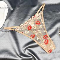 European Lace Lipstick Print Butt-Lifting Embroidered Thong Medium chaki