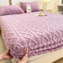 Žieminė šilta paklodė su gumyte Viengulei/Karalienei/Karališkajai lovai Čiužinio užvalkalas Storas koralinis vilnos pūkuotas priglundantis paklodė lovai 2xPillowcase NOSHEET violetinė