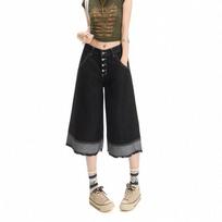 Fashion Summer Vintage Black Contrast Stitch Raw Edge Denim Cropped Capri Pants For Women Premium Wide Leg Loose Straight Slimming Style XL black
