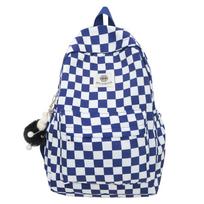 Schoolbag backpack women's new Korean version of fashion checkerboard college student backpack casual versatile junior high school student schoolbag (Blue,Without pendant)