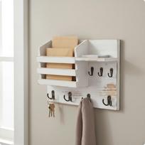 Key and Mail Holder Wooden Entryway Shelf Space Saving Wall with Hooks for Hallway White balta