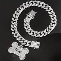 Trendy Hip-hop Pet Collar Cuban Chain Dog Chain Full Diamond Necklace Lock Buckle Rhinestone Bone Custom Pendant M
