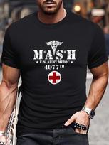 MASH Print Men's Crew Neck Short Sleeve Plus Size T-shirt, Comfy Versatile Top 2XL black