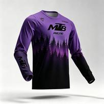 Men MTB Mountain Bike Long Sleeve Jersey Forest Print Crew Neck Cycling Shirt Off‑Road Downhill Racing Breathable Outdoor S blue