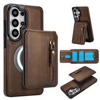 2 viename Nuimamas Užtrauktukas Magnetinių Kortelių Laikiklis Dėklas Samsung S26 Ultra S25 Plus S24 S23 A56 A26 A36 Vertikalus Kišeninis Maišelis Dangtelis Galaxy S22 Ultra 5G ruda
