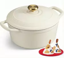 Overmont 26 cm emaliuotas ketaus puodas troškinimui ir kepimui, baltas