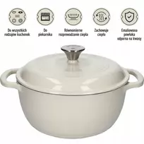 Browin 4 l ECRU emaliuotas ketaus puodas su dangčiu, katilas, keptuvė, dujinė indukcinė viryklė