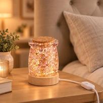 LED naktinė lempa stiklainis iš epoksidinių dervų su kamštiniu dangteliu, USB su jungikliu, 15–20 cm
