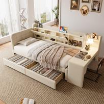 Daybed 90x200 cm, lova su stalčiais, rašomuoju stalu, USB ir Type-C, laikymo skyreliai, linai, smėlio