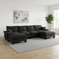 Modulinis kampinis sofa, Chenille audinys, 6 vietų, juoda