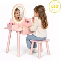 Ecotoys Rožinis medinis vaikų tualetinis staliukas su veidrodžiu