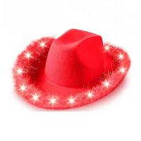 Wide Brim LED Cowboy Hat Furry Trim Costume Hat Fashion Light Up Western Cowboy Hat  Halloween raudona