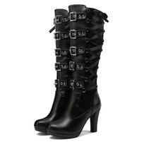Punk platforminiai batai moterims suvarstomi stambūs aukštakulniai batai iki vidurio blauzdos siauros juostos lanko mazgas Gothic Gothic Cosplay batai žieminiai 38 juoda