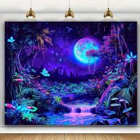 2D Blacklight Trippy Forest Tapestry Galaxy Moon Waterfall Glow in the Dark Wall Hanging 47.2x31.5inch/120*80cm blue