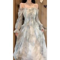 Seaside temperament blue smudged fairy butterfly bronzing vacation lotus leaf French long-sleeved dress women S beige