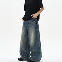Mens Vintage Washed Blue Baggy Straight Cut Denim Jeans - Relaxed Fit Distressed Detail Cotton Blend 2025 L gray