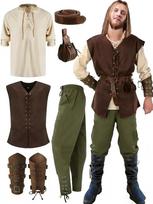 6 vnt. Vyrų Helovino Renesanso Kostiumų Rinkinys Viduramžių Liemenė Marškiniai Kelnės su Surišamu Kulnu Vikingų Diržas Apyrankė Maišelis S beige