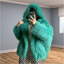 2 winter new imitation car strips imitation fox hair woven coat hooded bat imitation fur coat XL black