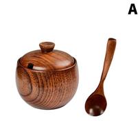 Wooden Salt Shaker Vintage Seasoning Jar With Lid And Spoon Salt Cellar Sugar Spice Jar Chili Seasoning Container Jars Salt Box as the picture brown
