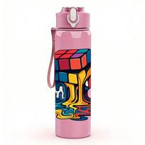 1PC Colorful Rubik Cube Geometric Print 750ml Color Plastic Sports Water Bottle Leakproof Flip Straw Lid Suitable for Sports Office Home Use rožinė