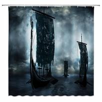 Norse Vikings Ship Shower Curtain Fantasy Boat Art Black And White Color Sailing Dragon Ship Bath Curtains For Bathtub With Hook W60H190(CM)-1 Pcs gray