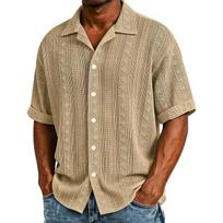 Mens Summer Knit Textured Short Sleeve Shirt Cuban Collar Button Down Casual Beach Tops 3XL beige