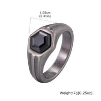 Hexagon Black Zircon Ring for Men, Stainless Steel Antique Silver Color Geometric Band,Punk Statement Jewelry Gift 7 gray