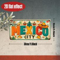 D FlatVintage Metal Plate  License Plate Mexico City Party Theme Sign Cultural Wall Decor for Home Colorful Room Accent 15x30cm(5.9x7.8inch) red