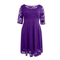 Women's Temperament Three-quarter Sleeve Lace Casual Color O-Neck Plus Size Dress XL violetinė