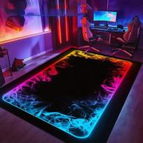 Neoninė Cyberpunk žaidimų kiliminė danga RGB spalvota šviečianti grindų kilimėlis su geometriniu ir „glitch“ dizainu Neslystantis kilimas eSporto kambariui 80cm x 120cm
